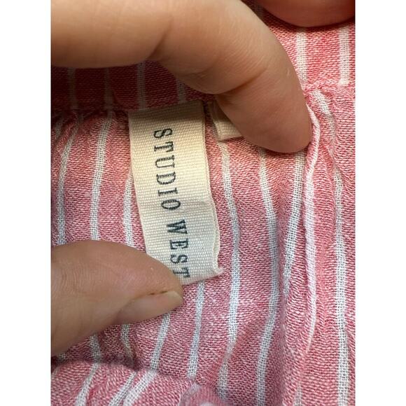 Women STUDIO WEST Pink White Striped Short Sleeve Linen Cotton Blend Top Size XL - Picture 5 of 7